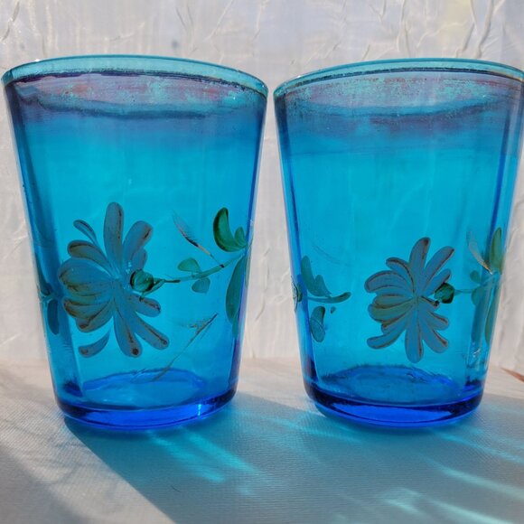 Vintage Blue Glass Juice Glasses With Hand-Painted Floral Design - Picture 9 of 10